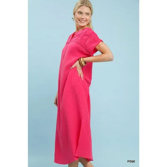 Umgee Button-Front Gauze Midi Dress with Lace Detail - Picture 2 of 6